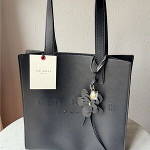 NWT Ted Baker London The Icon Black Embossed Small Tote With Flower Charm